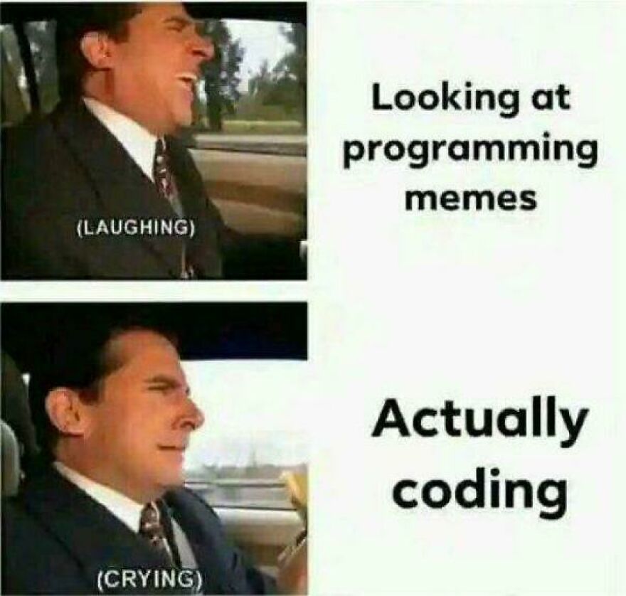 Man laughing while looking at programming memes, then crying when actually coding, showing the universal debugging struggle.
