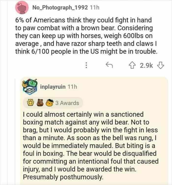 Screenshot of two user comments debating the ability to fight a wild bear, illustrating unhinged pics of people doing exactly what they were asked to do.