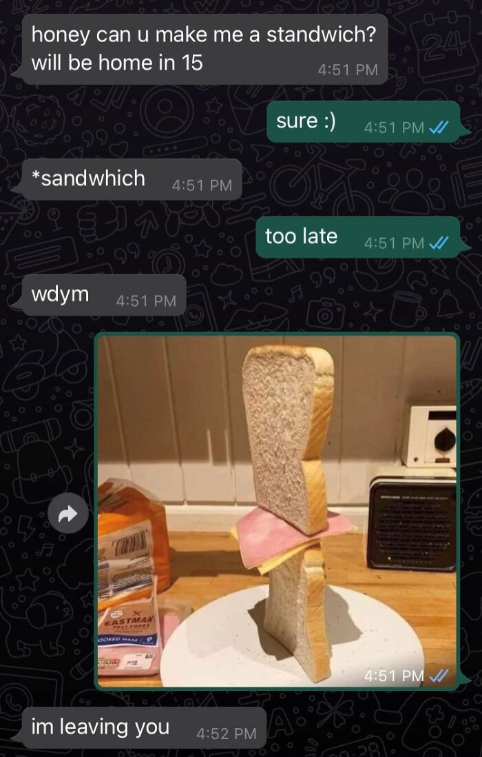 Text message conversation showing a literal sandwich made with slices of bread and ham stacked vertically.