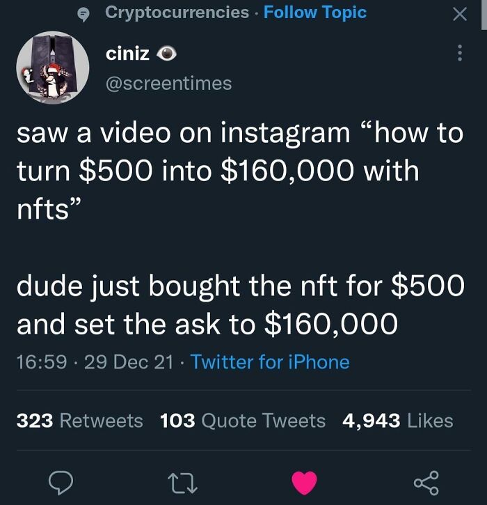 Tweet about unhinged NFT buying behavior showing someone doing exactly what they were asked to do with cryptocurrencies.