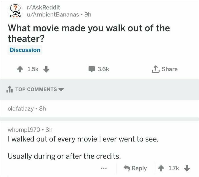 Reddit discussion screenshot showing users sharing stories about walking out of movies, highlighting unhinged pics of people.