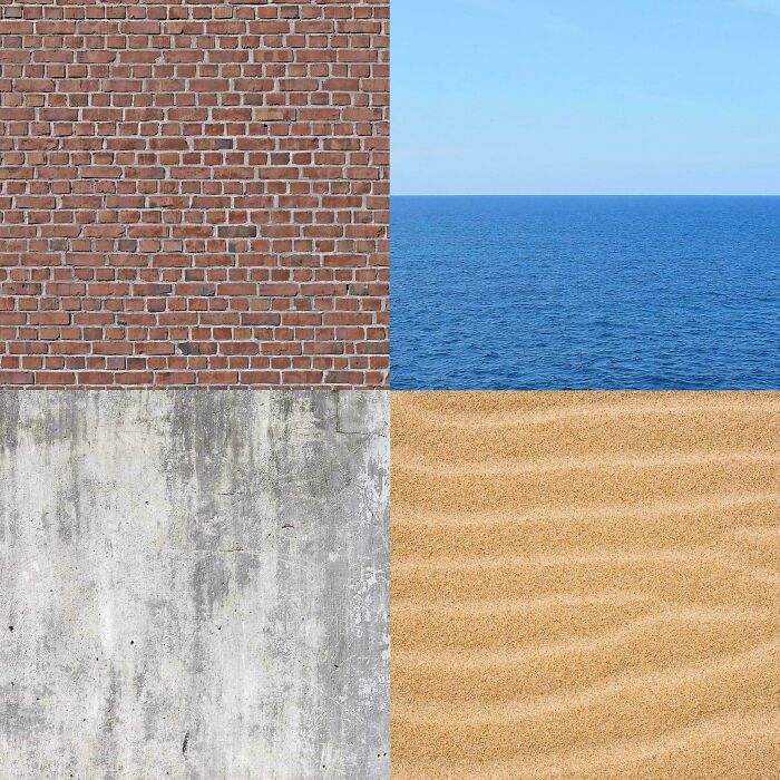 Four quadrants showing brick wall, ocean view, concrete wall, and sand textured surfaces in a unique unhinged pics style.