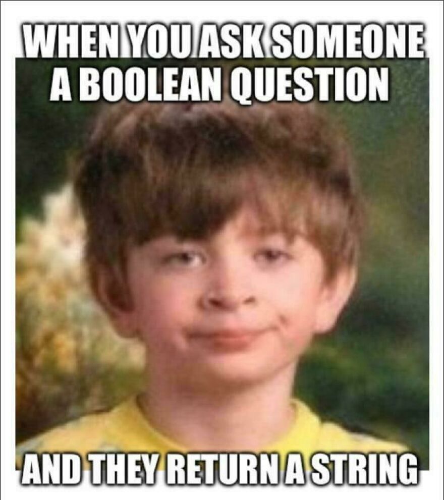 Boy with unimpressed face meme illustrating debugging struggle when a boolean question returns a string in programming.