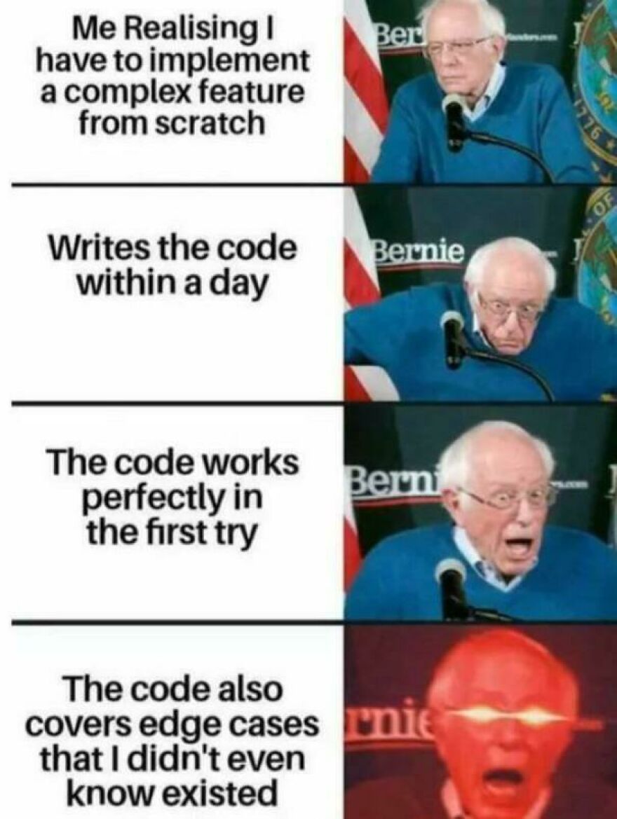 Man reacting with shocked and glowing eyes to coding success, highlighting funny programming memes about debugging struggles.