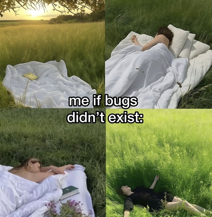 Person relaxing on a white blanket in a grassy field, illustrating a funny programming meme about debugging struggles.