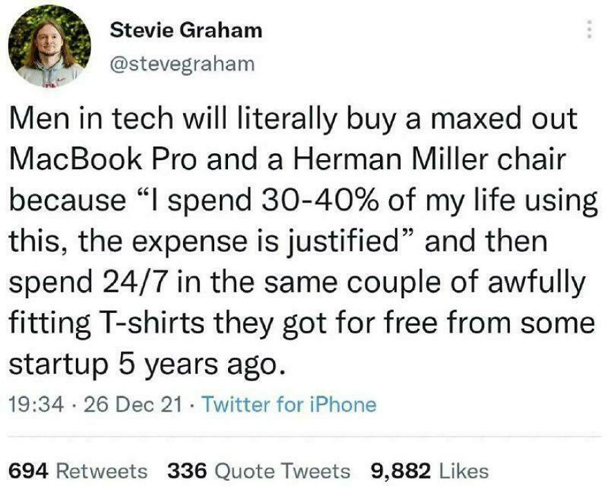 Tech professional humor meme highlighting spending habits with MacBook Pro and chairs, reflecting debugging and programming struggles.