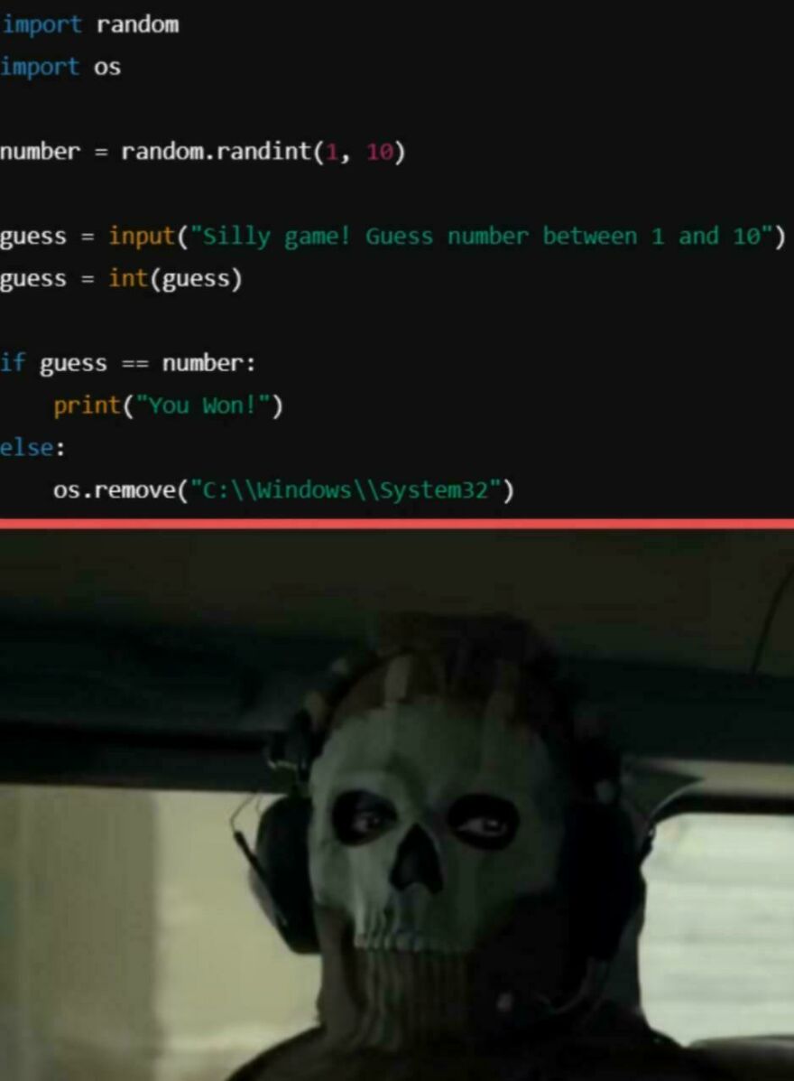 Python code meme showing a dangerous debugging mistake deleting system files, paired with a skull mask character illustrating programming struggles.