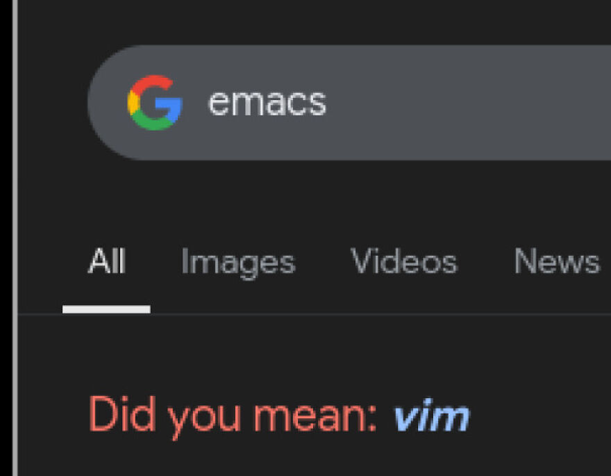 Google search showing a suggestion from emacs to vim, highlighting a funny programming meme about debugging struggles.