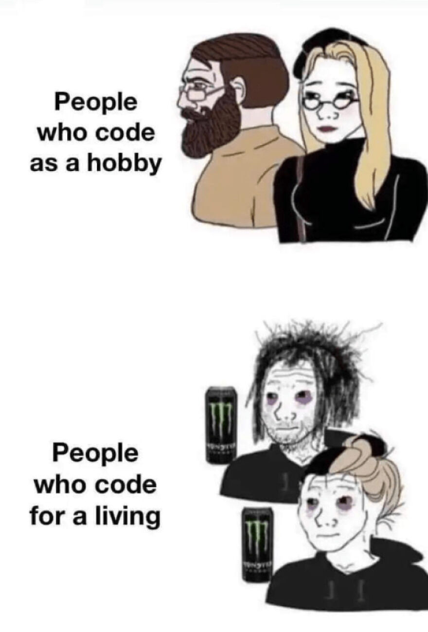Cartoon contrasting people who code as a hobby looking fresh and those who code for a living looking tired, highlighting programming memes.