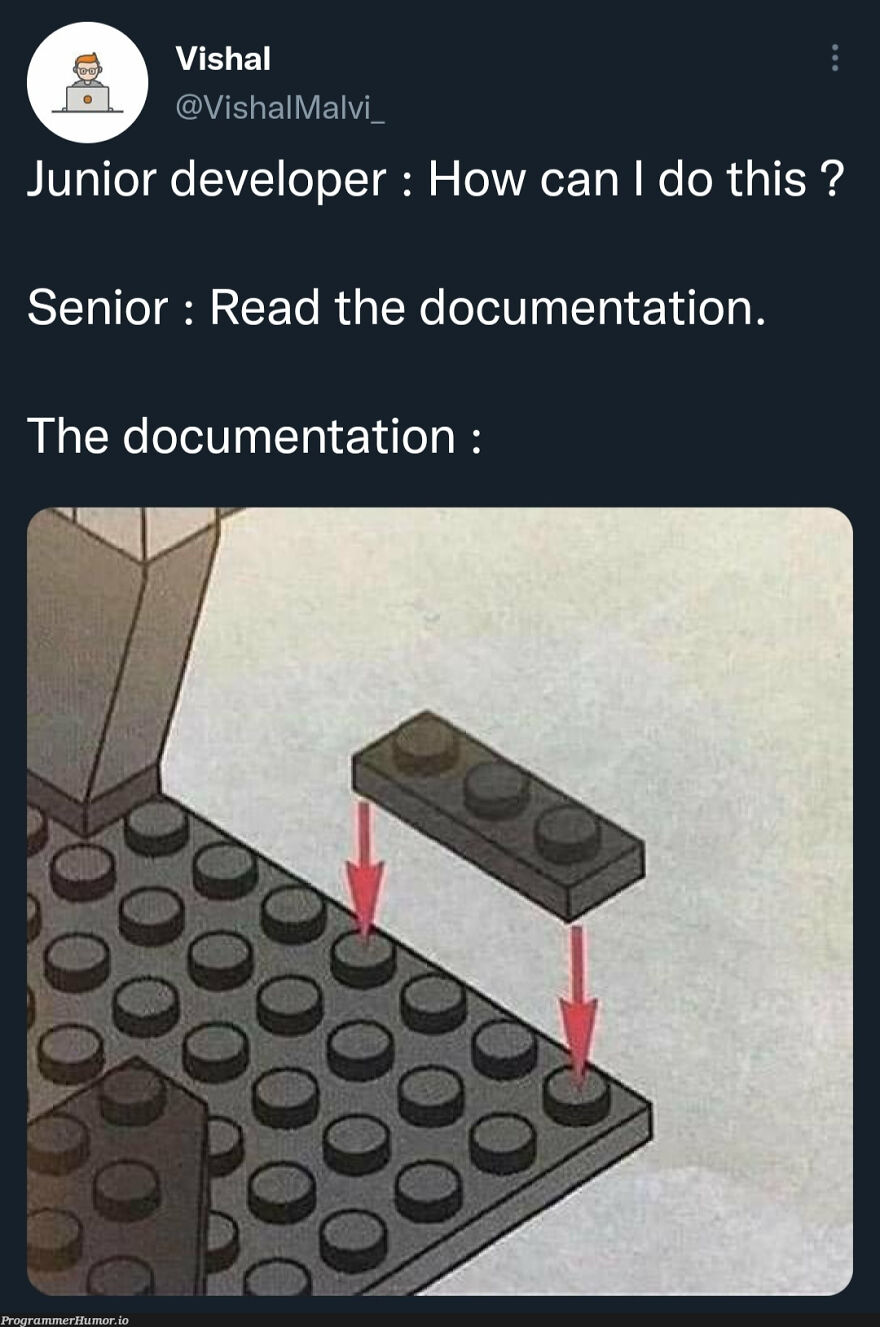 Tweet showing a programming meme about confusing documentation with a LEGO block assembly, highlighting debugging struggle.