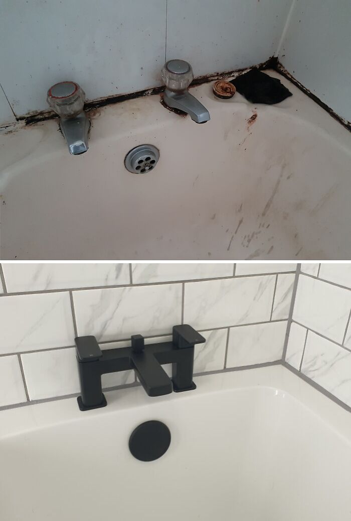 Before and after images of a DIY bathroom renovation showcasing the impact of paint and patience on fixtures and surfaces.