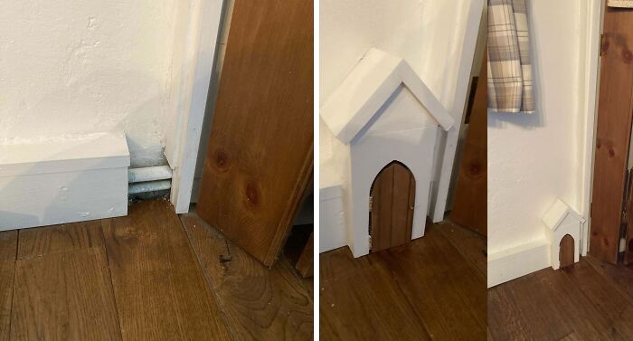 Before and after photos of a DIY project showing a wooden floor corner transformed with paint and creative small door detail.