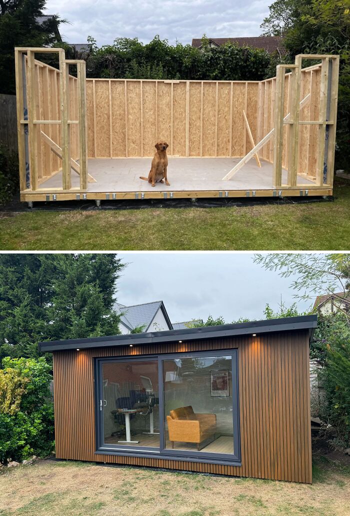 Before and after images of a DIY project showing wooden frame construction and finished painted garden office.