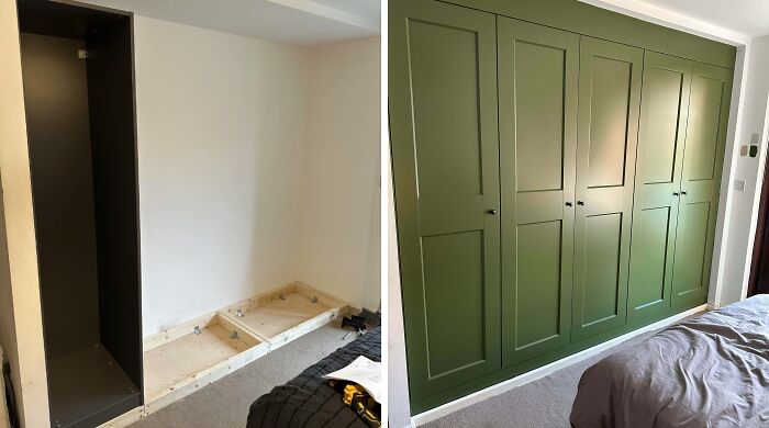 Before and after of a DIY project showing painted and installed green wardrobe doors in a bedroom.