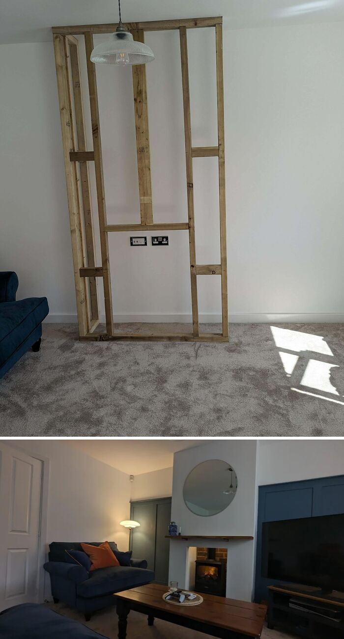 Before and after photos of a DIY living room project showcasing wood framing and painted walls with cozy decor.