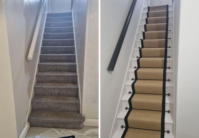 Before and after of a DIY staircase transformation showcasing paint and patience in a home improvement project.