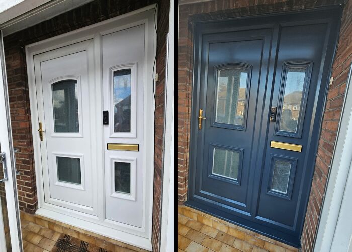Before and after images of a DIY project showing a front door transformation with paint and patience.