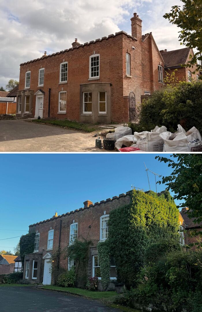 Before and after photos of a DIY house project showcasing transformation with paint and patience outdoors.