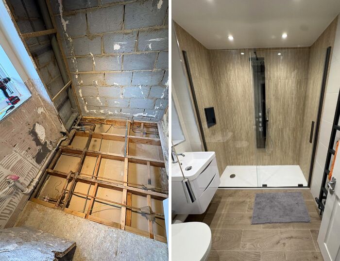 Before and after images of a bathroom renovation showcasing incredible DIY projects using paint and patience for transformation.