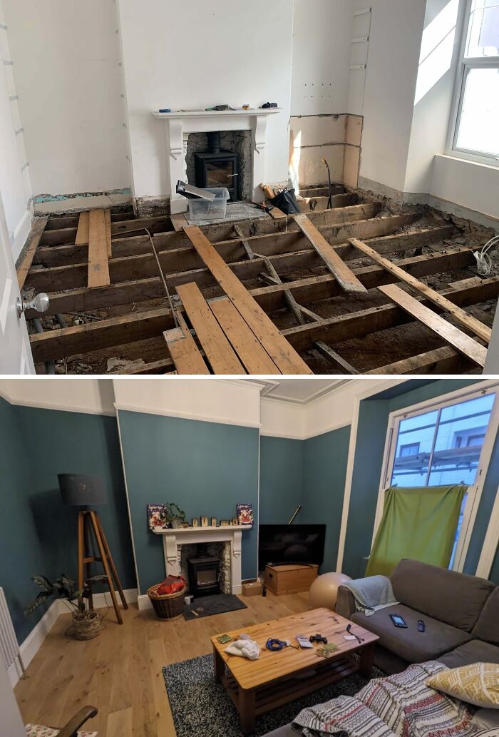 Before and after DIY project showing home renovation with paint, new flooring, and updated living room decor.