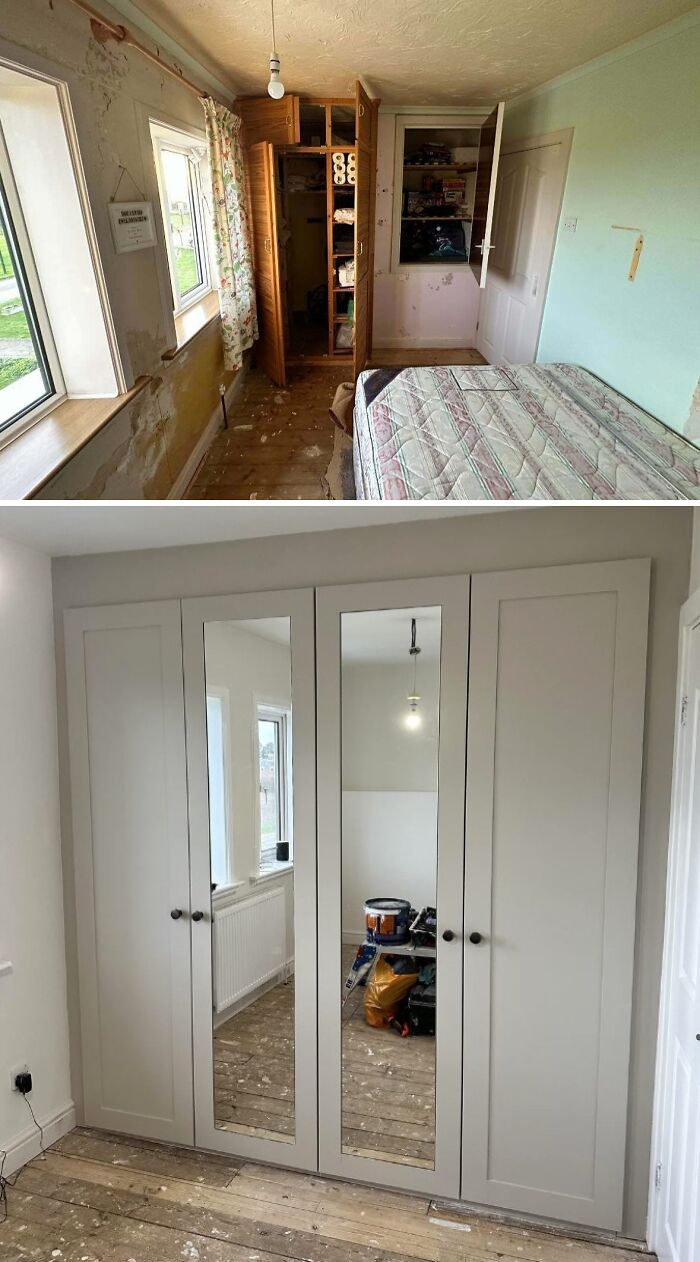 Before and after photos of a DIY wardrobe makeover showcasing paint and patience transforming a bedroom space.