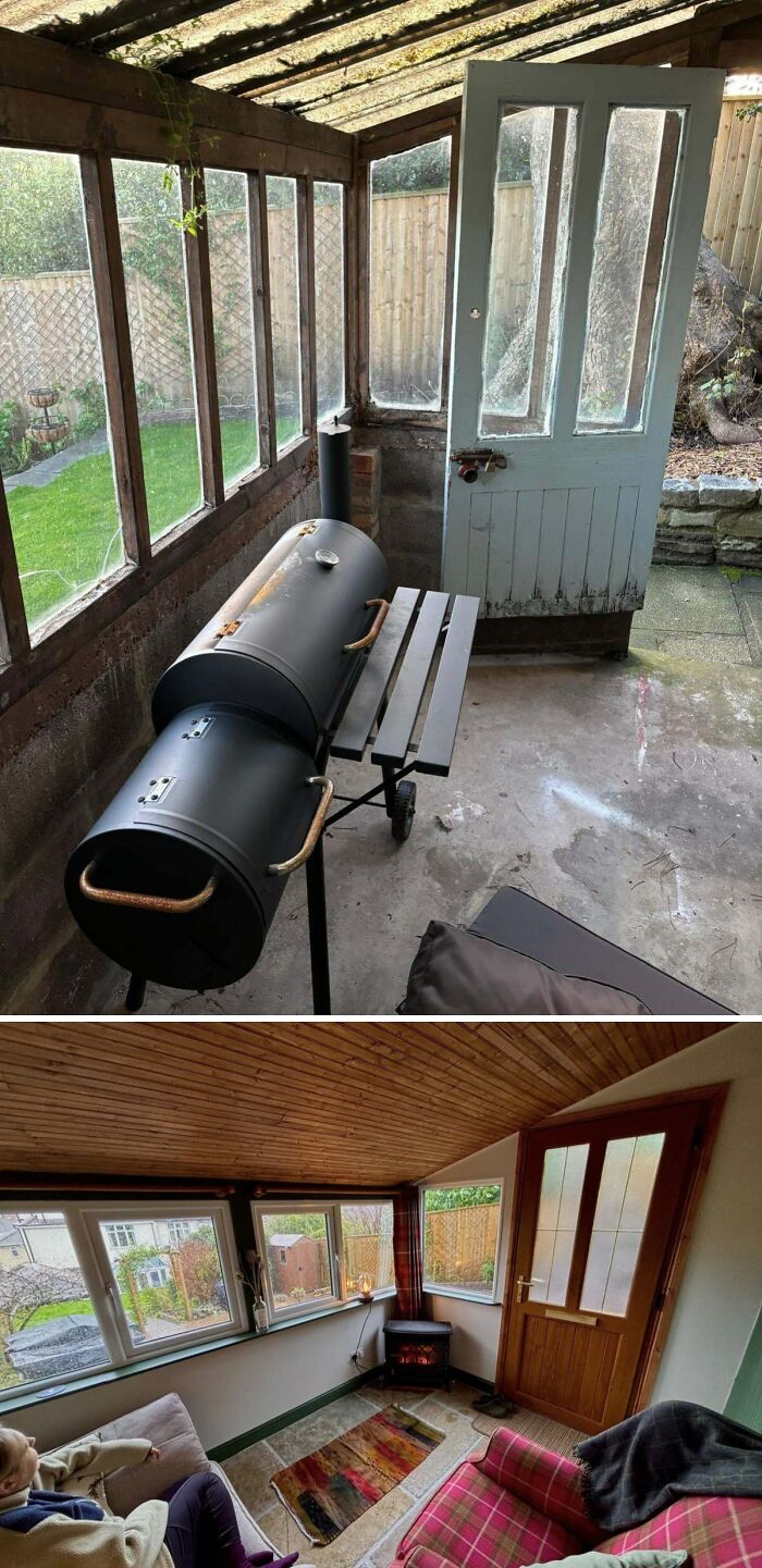 Before and after DIY project showing paint and patience transforming a sunroom with fresh paint and clean renovation.