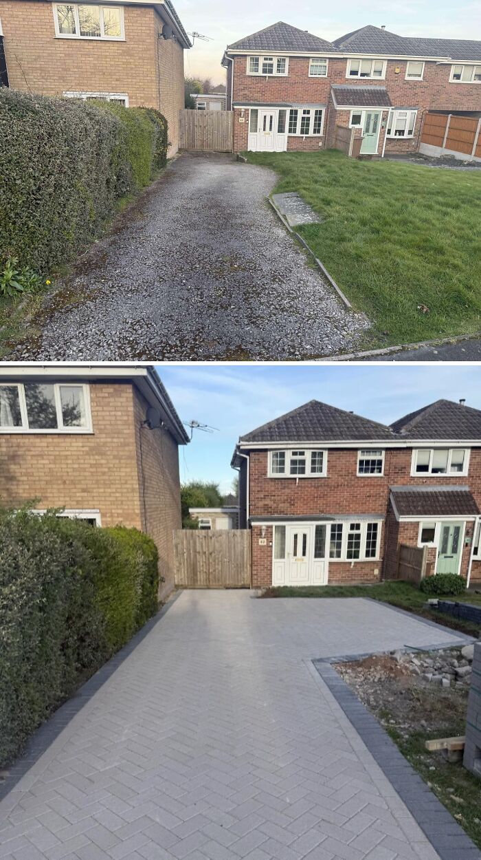 Before and after photos of a driveway showing incredible DIY project results with paint and patience.