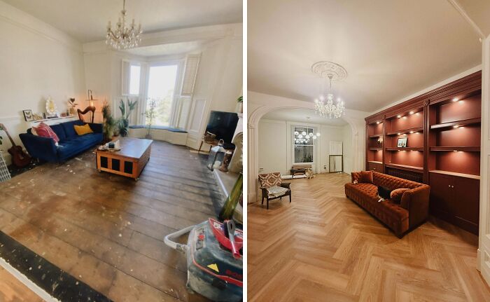 Before and after photos of a living room transformation showcasing DIY projects using paint and patience to improve the space.