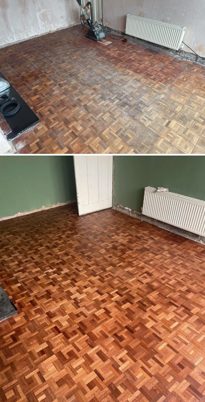 Before and after images of a DIY project showing restored wooden parquet flooring with paint and patience.