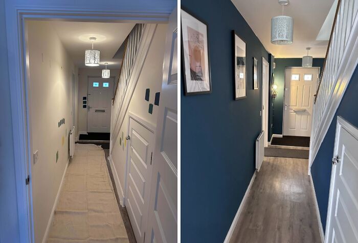 Before and after image of a hallway showing a DIY paint project that transforms plain walls with a rich blue color.