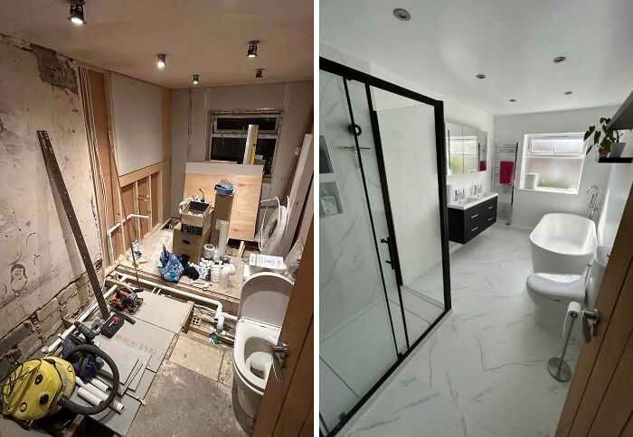 Before and after photos of a bathroom renovation showcasing incredible DIY projects using paint and patience.