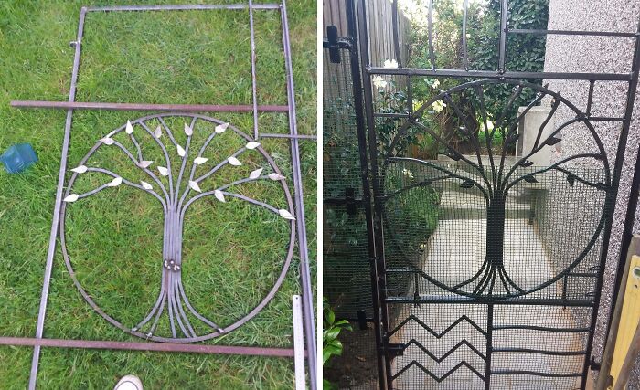 Wrought iron gate DIY project featuring a tree design before and after paint and restoration.