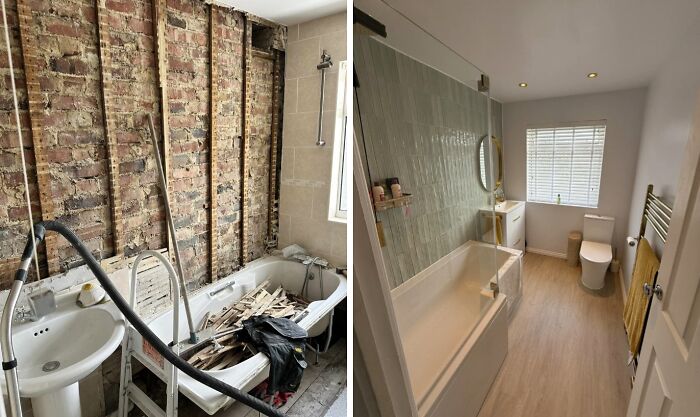 Before and after images of a DIY bathroom renovation showing transformation with paint and patience.