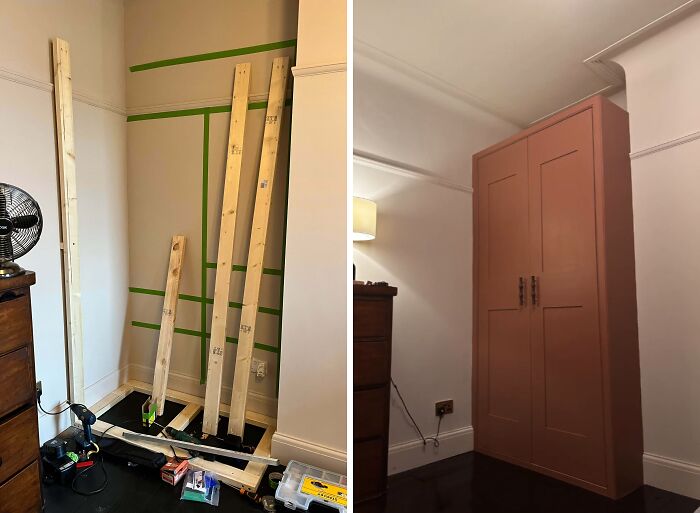 Before and after of a DIY painted wooden storage cabinet project showing transformation with paint and patience.
