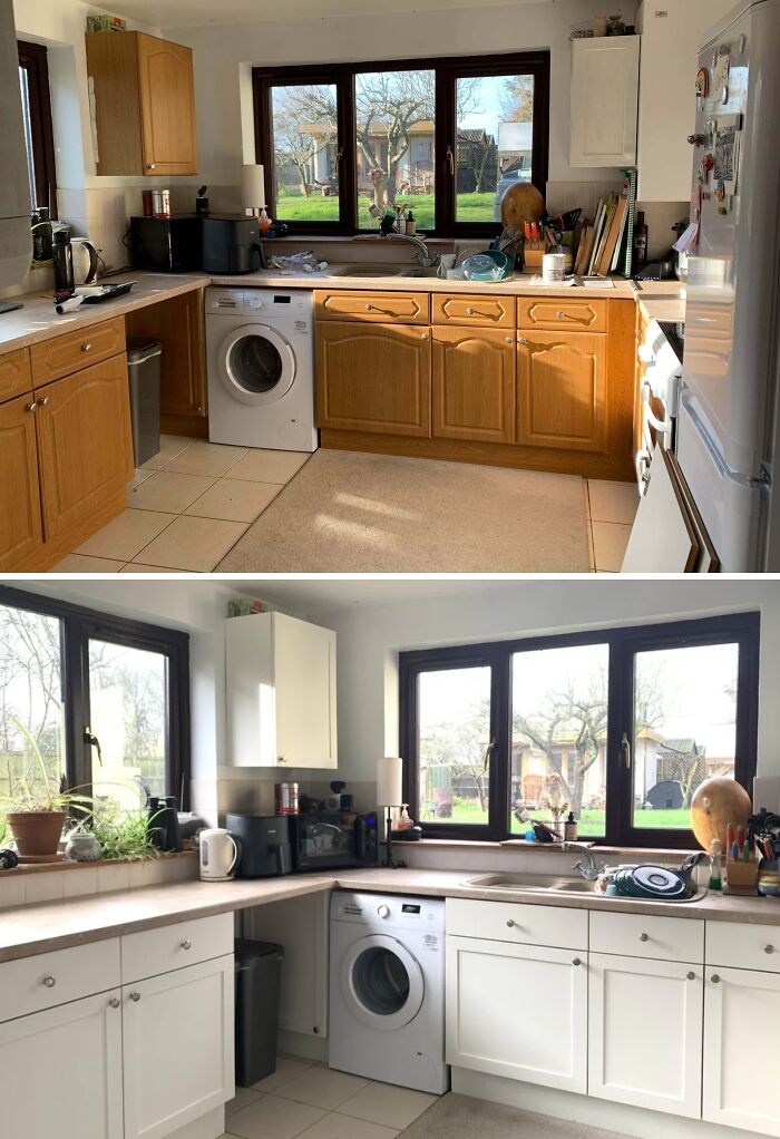 Kitchen makeover DIY project showing transformation from wood cabinets to painted white cabinets with patience and a bit of paint