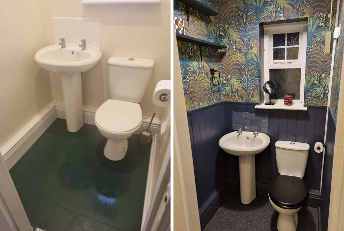 Before and after images of a DIY bathroom makeover showcasing paint and wallpaper creating a stylish, refreshed space.
