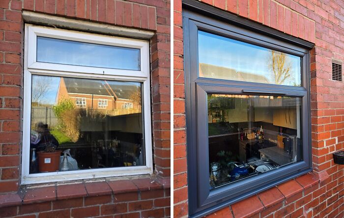 Before and after images of a DIY project showing a painted window frame transformed with patience and paint on a brick wall.