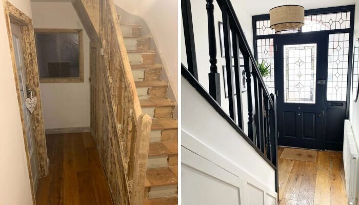 Before and after photos of a DIY project showing staircase and hallway transformation with paint and patience.