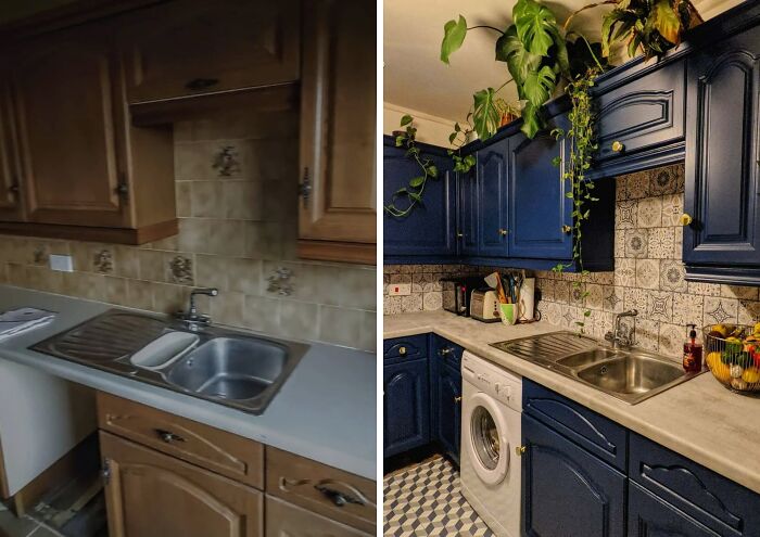 Before and after of a kitchen showing DIY projects with paint and patience transforming cabinets and decor.