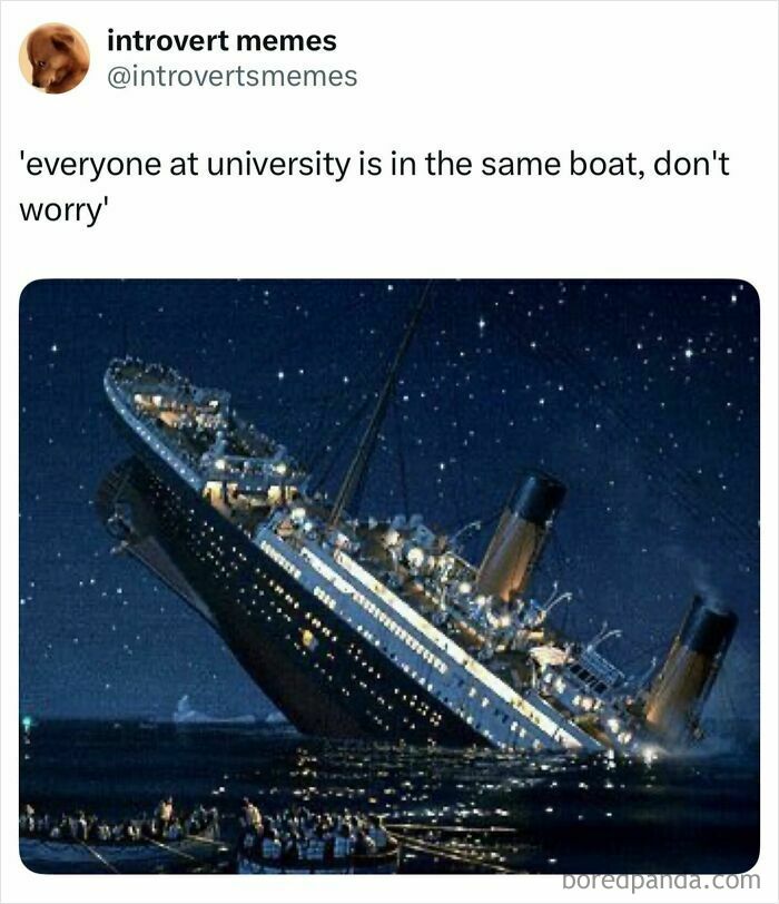 Meme showing a sinking ship with caption about students all being in the same boat, relatable student memes humor.