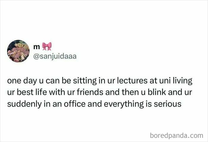 Tweet about student life changing from university lectures with friends to serious office work, relatable student meme.
