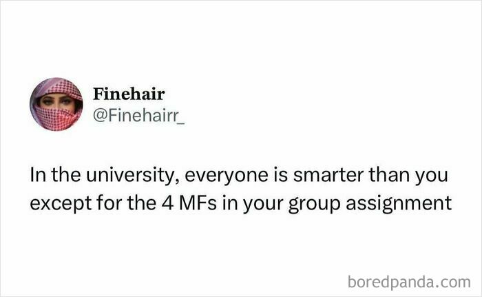 Relatable student meme about feeling less smart than others except group mates in university assignments.