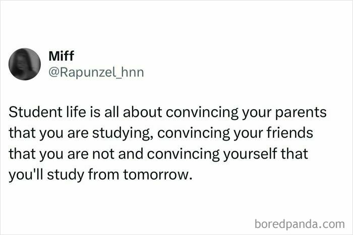 Student meme about the relatable struggles of convincing parents, friends, and yourself about studying plans.