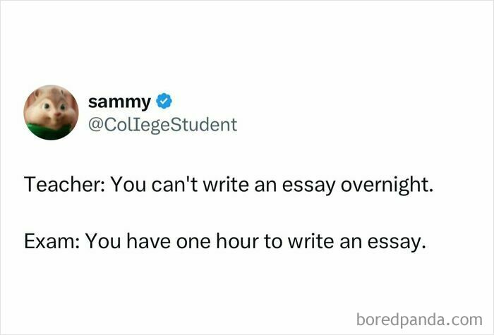 Relatable student meme showing a tweet about writing essays overnight versus one hour during exams capturing student struggles.