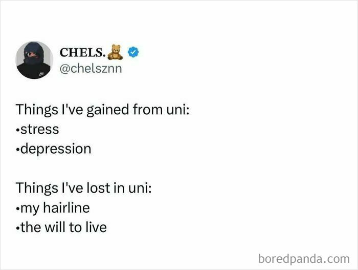 Tweet about relatable student struggles mentioning stress, depression, hairline loss, and the will to live in a student meme format.