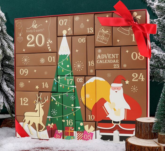 Brown and red Christmas advent calendar with Santa, tree, reindeer, and numbered doors for holiday countdown.