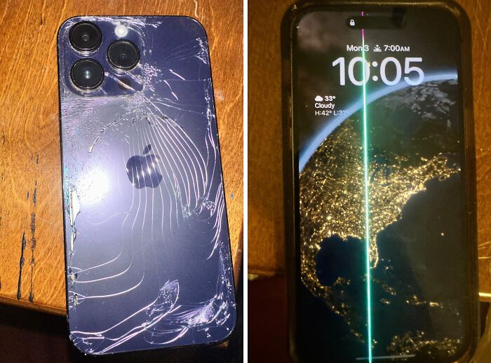 Broken phone screen with visible cracks next to the phone display showing a vertical green line family frustration vent online image