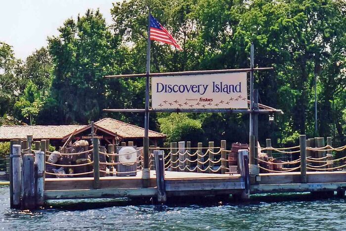 Discovery Island dock with American flag and trees in background, illustrating Internet rabbit holes that take over lives.