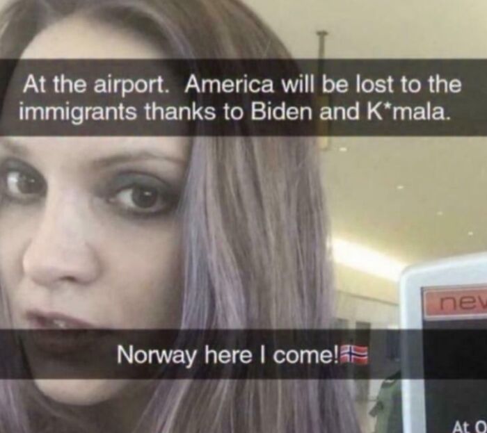 Woman at airport confidently posting a misspelled caption about immigrants and Norway in a dumb social media post.