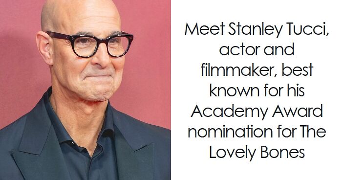 Stanley Tucci wearing glasses and a dark suit, known for his notable acting bio and career highlights.